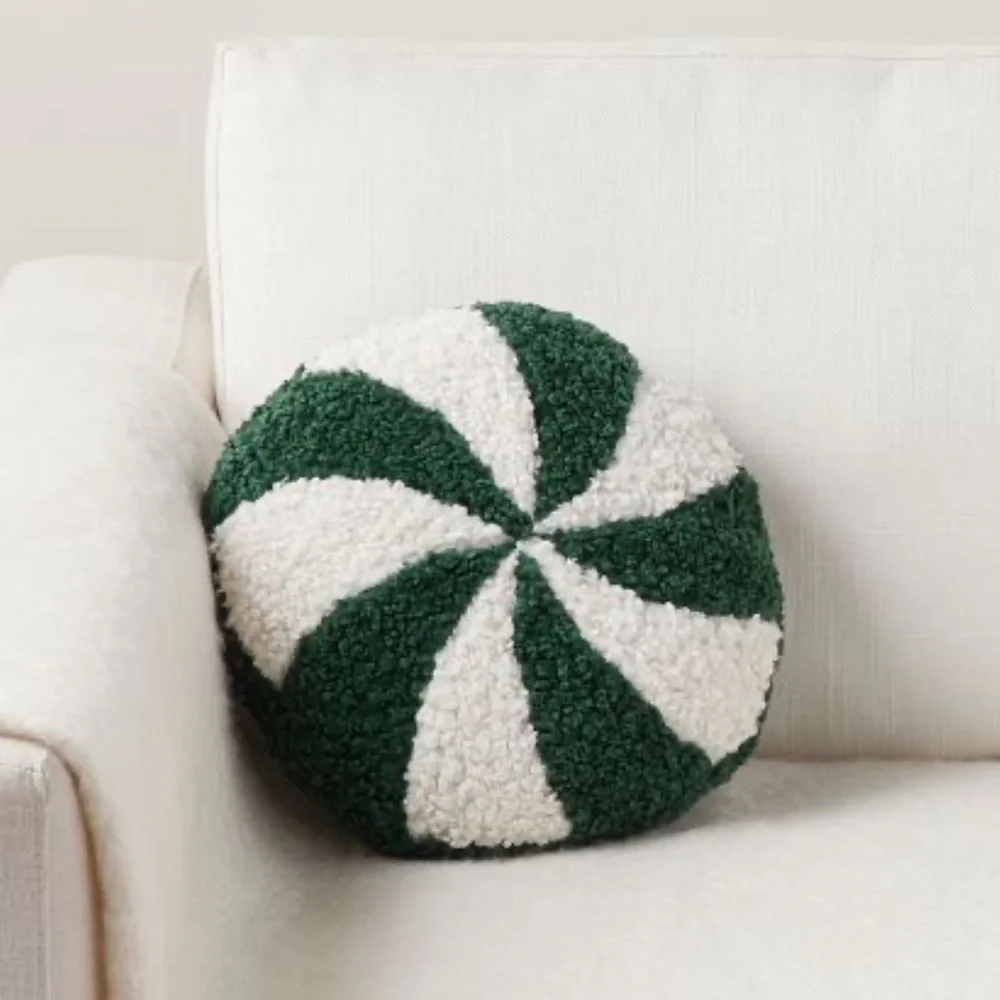 New Pottery Barn Cozy Teddy Peppermint Twist Candy Shaped Christmas Pillow